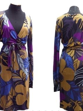 Vintage Missoni Long-Sleeve Floral Wrap Dress in Mustard, Purple & Blue